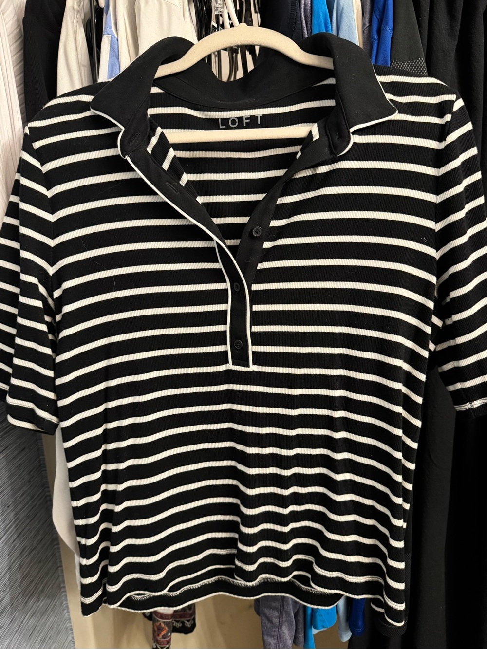 LOFT Black and White Striped Short-Sleeve Polo Top